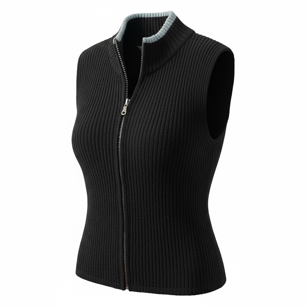 Tsunami Black Knitted Sleeveless Cardigan/Vest- 50% Wool Full Zip Sz M